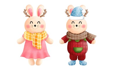 Obraz na płótnie Canvas Set of festive christmas cute bunny clipart.Cute little bunny with antlers,scarf, beanie and winter costume.