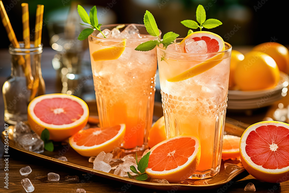 Poster refreshing grapefruit drink with ice. generative ai