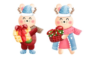 Set of festive christmas bunny clipart.Cute little bunny with gift boxs,antlers,scarf,beanie and christmas costume.