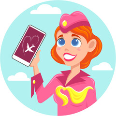 Smiling red-haired stewardess in pink uniform with smartphone and aviation app for avatar or icon
