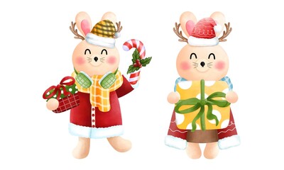 Festive christmas bunny clipart set.Cute little bunny with gift boxs,candy cane,antlers,scarf,beanie and christmas costume.