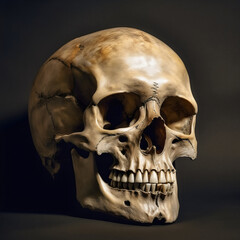 Obraz premium Realistic human skull on a simple background. Halloween decoration. Anatomic medical model. Celebrating the Day of the Dead. Generative AI