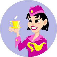 Smiling Asian stewardess in burgundy uniform with a cup in her hand offers a drink