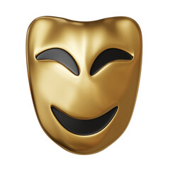 gold theatre theatrical tragedy drama comedy mask isolated on white background. gold emotion theatre theatrical tragedy drama comedy mask isolated. gold theatre theatrical drama comedy 3d render