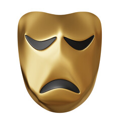 gold theatre theatrical tragedy drama comedy mask isolated on white background. gold emotion theatre theatrical tragedy drama comedy mask isolated. gold theatre theatrical drama comedy 3d render