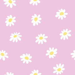 Seamless pattern with chamomile flowers on pink background. Tender cute floral background. Girlish endless illustration with white hand drawn flowers