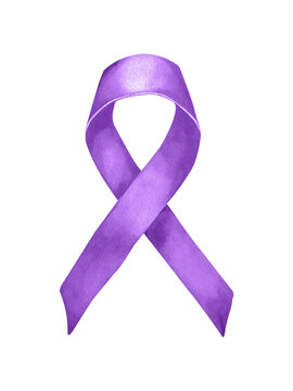 Watercolor violet ribbon and piece of the puzzle. Purple symbol of World Alzheimer’s Month. Hand drawed lilac watercolor illustration isolated on transparent.