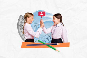 Creative cooperation template classmates two girls collage picture high five teamwork good job challenge done isolated on white background