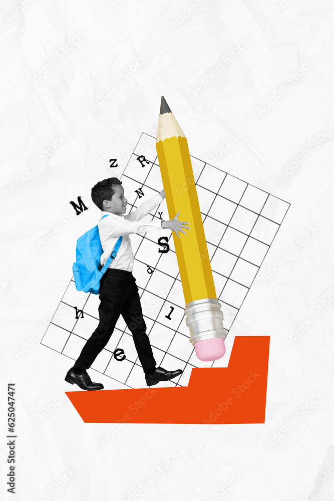 Sticker Positive schoolboy collage holding huge sharp pencil write letters first exam wearing formal uniform backpack isolated on plaid background