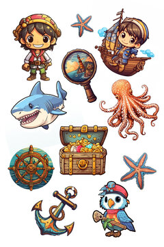 Cute pirate sticker collection with octopus, shark, treasures, boat and other elements. Generative ai