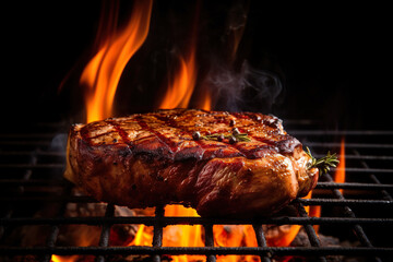 Grilled beef steak with flame, summer barbecue concept, AI generated