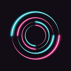 Neon circle frame background. Blue and pink light moving design template. Vector illustration