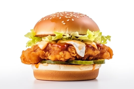 Grilled chicken burger isolated on transparent or white background, AI generated