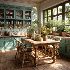 Fototapeta na wymiar The kitchen with garden scenery includes Country 