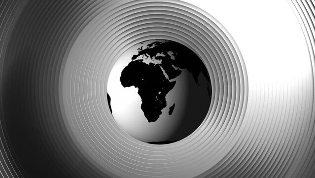 Animation of globe spinning over circle grey pattern background