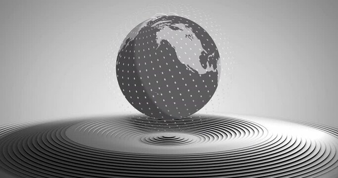 Animation of globe spinning over circle grey pattern background