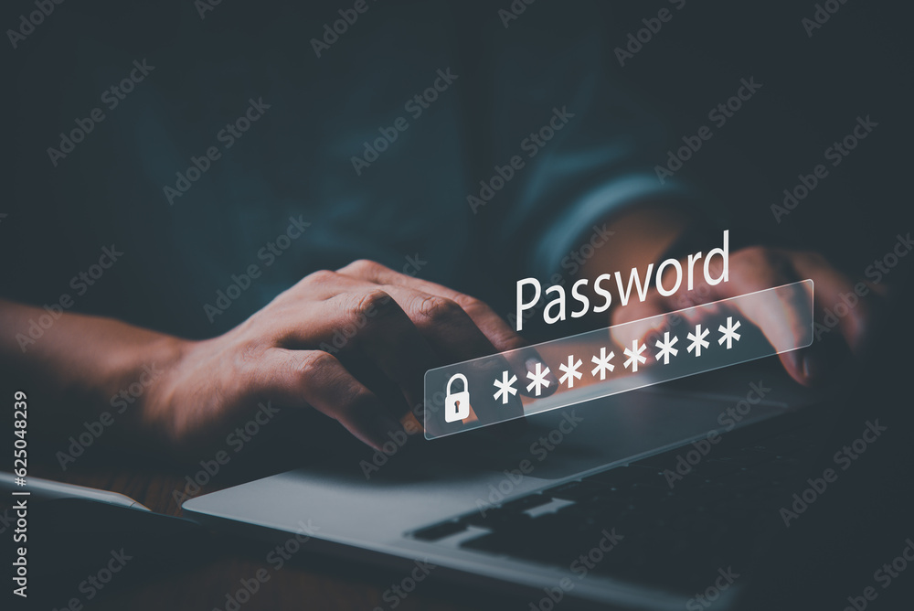 Aufkleber businessman using laptop computer password cyber security identity theft and cloud network system ap