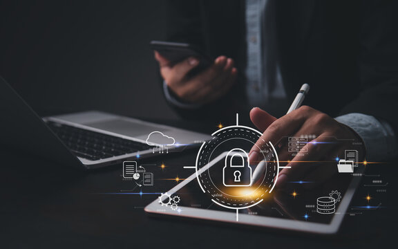 Cyber Security system Protects Data Information Safe Storage Networks. businessman using laptop Internet Secure Data Management privacy.