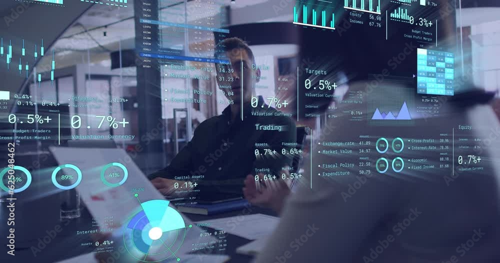 Poster animation of statistics and data processing over diverse business people in office
