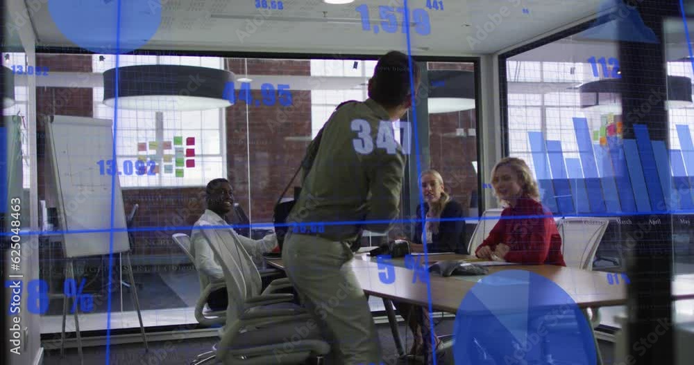 Poster animation of statistics and data processing over diverse business people in office