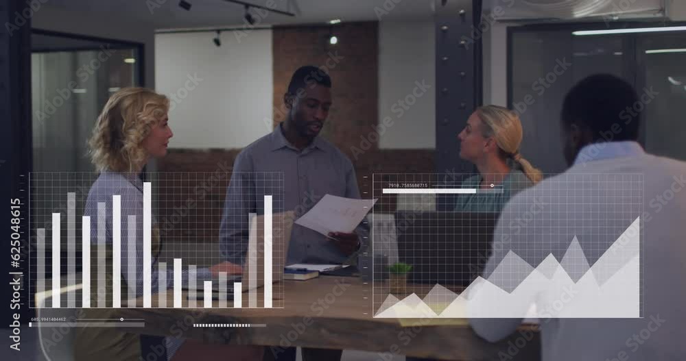 Poster animation of statistics and data processing over diverse business people in office