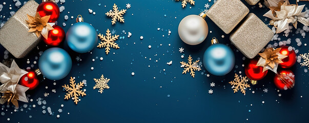 Merry Christmas and holidays greeting card, frame, banner. Christmas decorations and a gift on a blue background top view. Flat lay. Generative AI