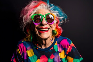 A funny image of a senior person wearing oversized sunglasses, a colorful wig, and a trendy graphic t-shirt, striking a cool and confident pose. Generative AI