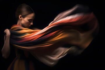 Abstract motion blur photograph of a dancer twirling with flowing fabric, creating a sense of movement and elegance. Generative AI - obrazy, fototapety, plakaty