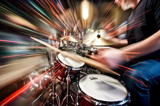 Abstract motion blur photograph of a drummer striking a drum set with power and rhythm, capturing the dynamic motion of the drumsticks. Generative AI