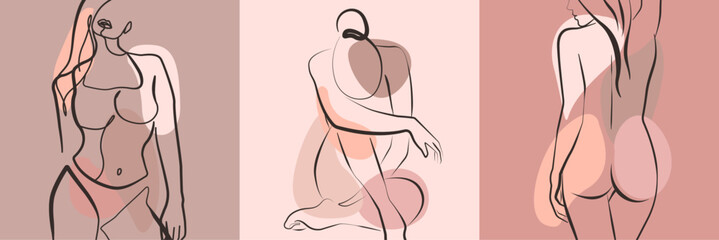 Woman Body Line Drawing Set. Naked Female Figure Line Art Drawing. Minimalist Feminine Illustration for Wall Decor, Print, Poster, Social Media. Abstract Woman Art Vector Illustration 