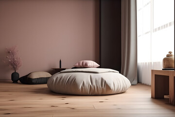 Zen-inspired meditation corner with an empty wall and a floor cushion for seating. Generative AI