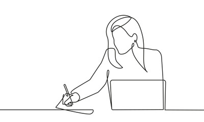 Continuous One Line Drawing of Businesswoman with Laptop. Woman in Office One Line Illustration. Businesswoman Abstract Minimalist Contour Drawing. Vector EPS 10 