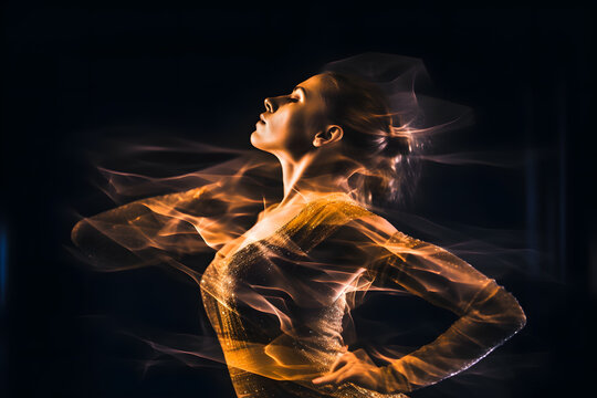 Double exposure image of a dancer in motion, merging multiple exposures to create a dynamic and abstract representation of movement. Generative AI