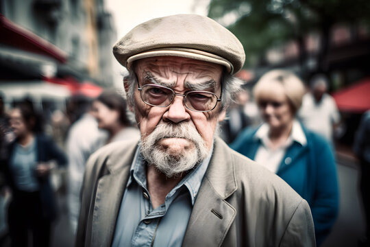 Funny old man with a grumpy face looking angrily at the camera. Shot on the street in a busy city. Generative AI