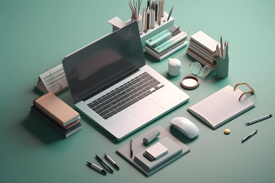 work desk with a laptop and writing tools, 3d rendering, isometric view. Generative AI
