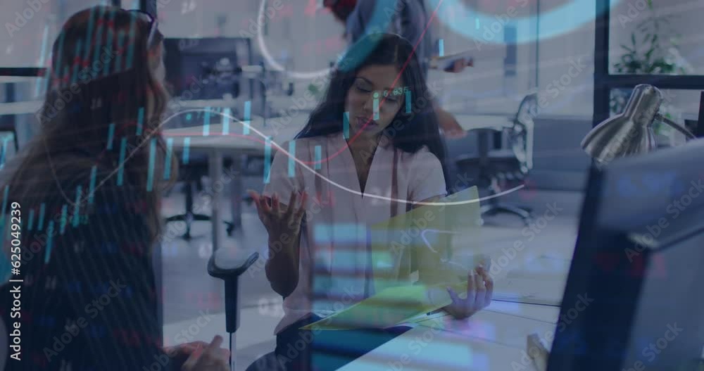 Poster animation of statistics and data processing over diverse business people in office