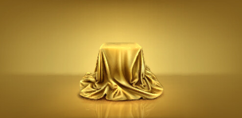 Gold silk cloth podium box cover to reveal gift 3d background. Golden satin fabric hidden secret and mystery surprise object. Luxury presentation in studio with tablecloth on stand. Hide cube scene