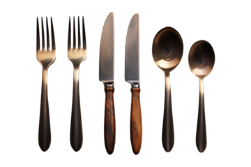 Couple spoon fork and knife on wooden chopping board isolated on transparent background. Generative Ai