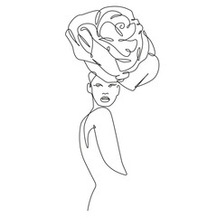 Abstract Line Drawing of Woman and Flowers. Female Head with Flower Continuous Line Art. Fashion Template with Floral Female Face Modern Trendy Outline Style. Vector Beauty Illustration