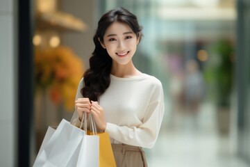 Pretty Asian woman smiling and holding shopping bags feeling happy and enjoying black friday sale in shopping mall, shopping