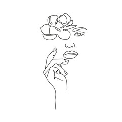 Woman Face with Flowers Line Vector Drawing. Style Template with Female Face with Flowers. Modern Minimalist Simple Linear Style. Beauty Fashion Design 