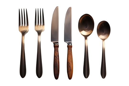 Couple spoon fork and knife on wooden chopping board isolated on transparent background. Generative Ai