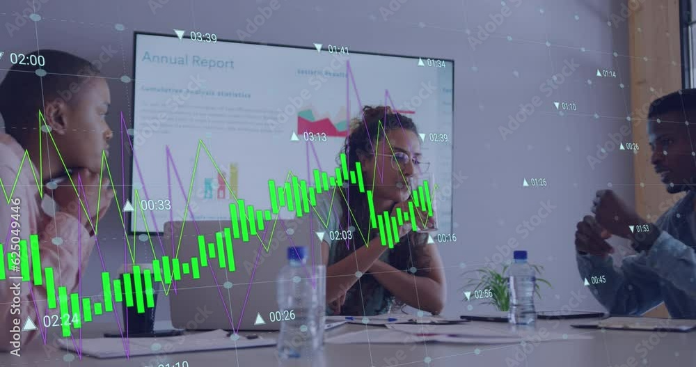 Poster animation of statistics and data processing over diverse business people in office