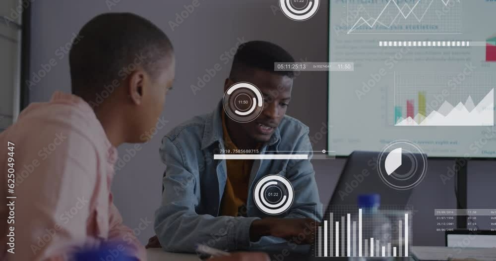 Poster animation of statistics and data processing over diverse business people in office