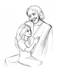 Pencil drawing. Jesus hugging a child