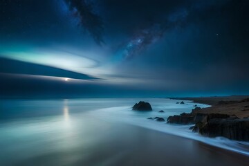 Fototapeta na wymiar A surreal and dreamy seascape, a beach at twilight covered in bioluminescent plankton