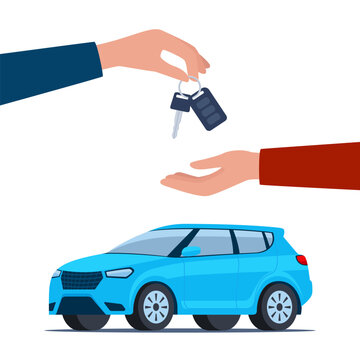 Dealer hand giving keys chain to a buyer hand. Blue modern Suv car, side view. Buying or renting a car. Vector illustration.