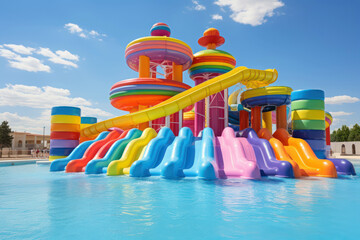Waterpark, inflatable toys on swimming pool, kids amusement, summer holidays