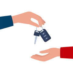 Dealer hand giving keys chain to a buyer hand. Buying or renting a car. Vector illustration.