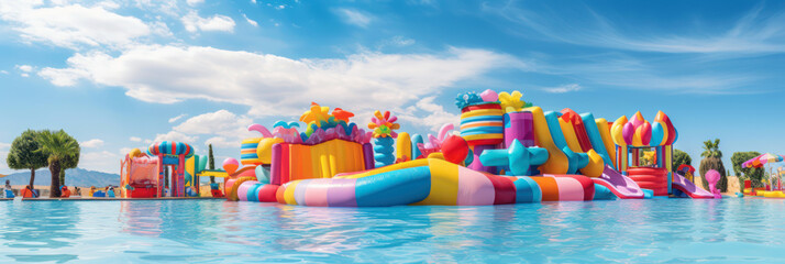 Aqua park, inflatable toys on swimming pool, kids amusement, summer holidays